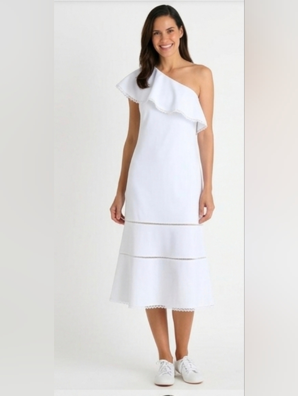 New One-Shoulder Ivory Ruffle Midi Dress